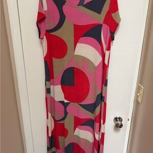 Chico’s Abstract Print Maxi Dress Size 3, XL Stretch Travel Knit Side Slit
